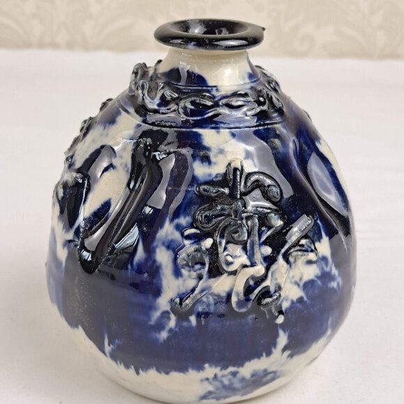 Blue & White Handcrafted Stoneware Pottery Incense Holder/Bud Vase Vintage - Picture 6 of 9